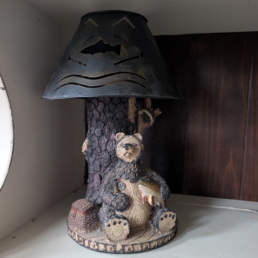 Vintage Rustic Cabin Black Bear Fishing Candle Lamp with Cutout Metal Fish Shade